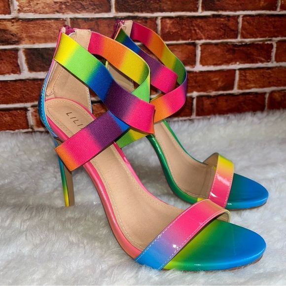 Liliana Ladies Rainbow Elastic Ankle High Heels Stripper Dancer Pride EUC SZ 10 - Picture 1 of 7